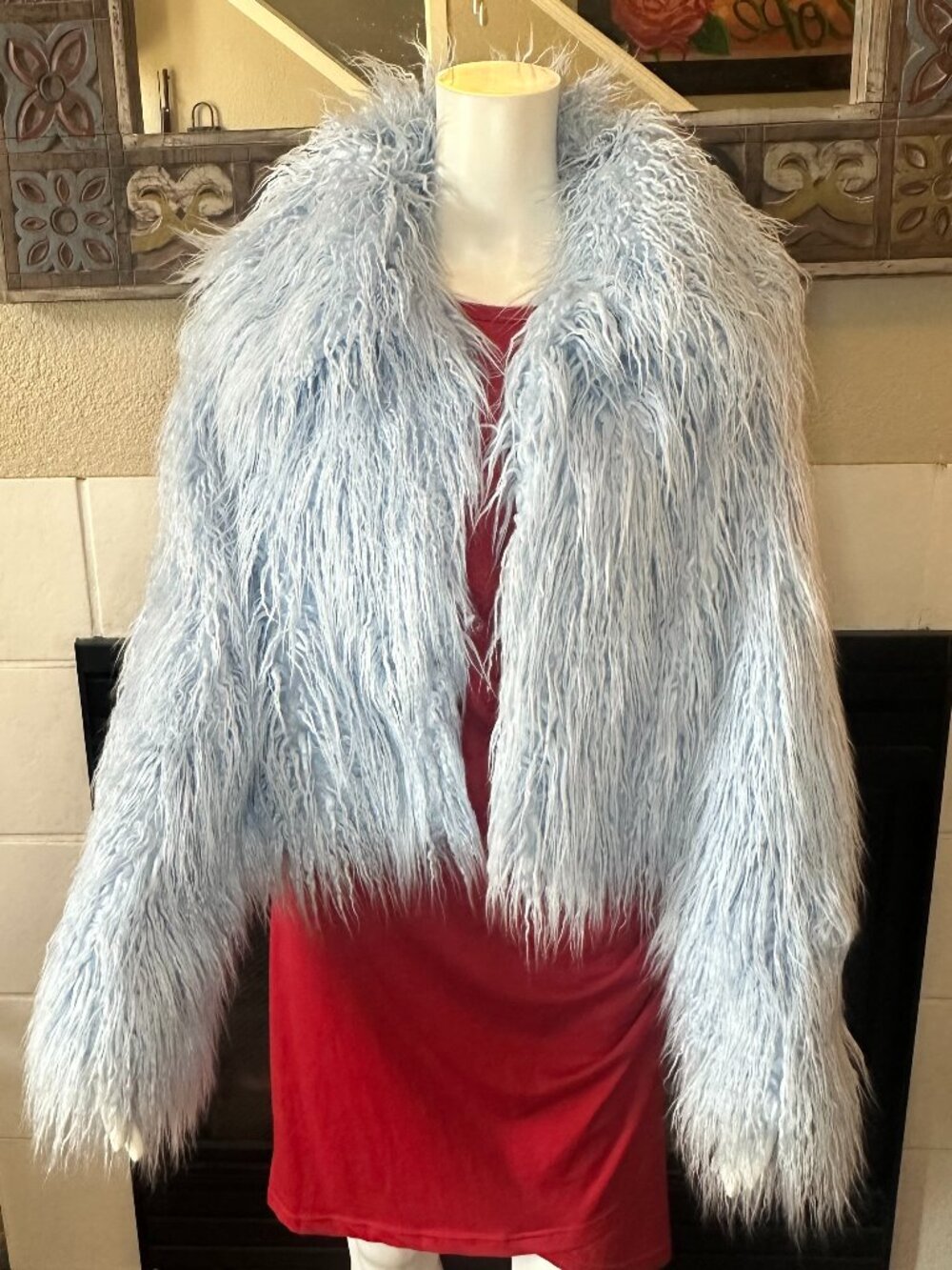 VTG FOREVER21 Blue Long Hair Faux Fur open Jacket Large Long Sleeve Collared - Picture 16 of 16